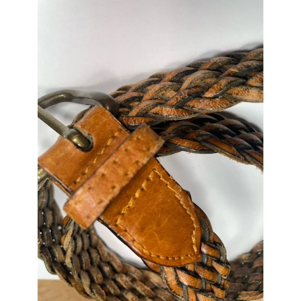 Charter Club Braided Leather Belt Brown Woven Brass Buckle Adjustable‎